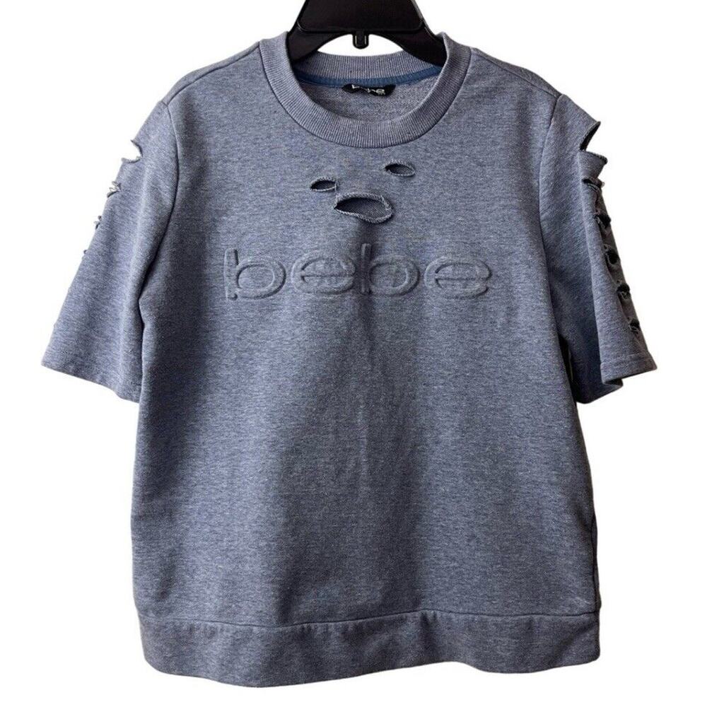 Bebe Sport Sweatshirt Womens Medium Blue Gray Embossed Logo Cut Gills Distress